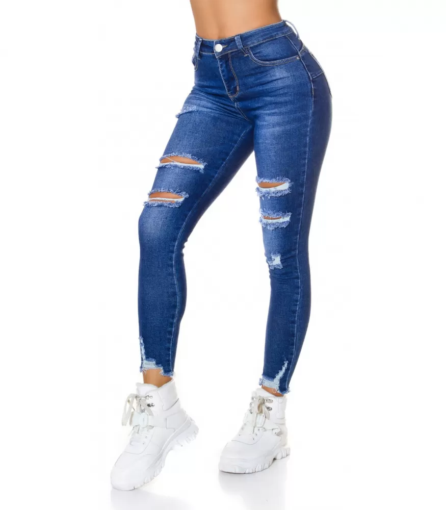 Blåa slitna push-up jeans med hög midja