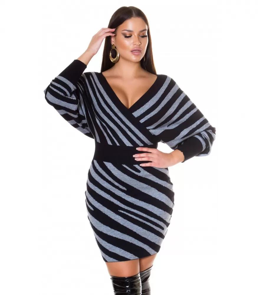 Grå svart zebra randig wrap-look v-stickad klänning