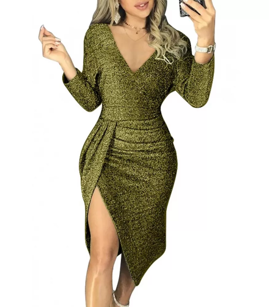 Grön v-glitter klänning med slits [SISTA CHANSEN]