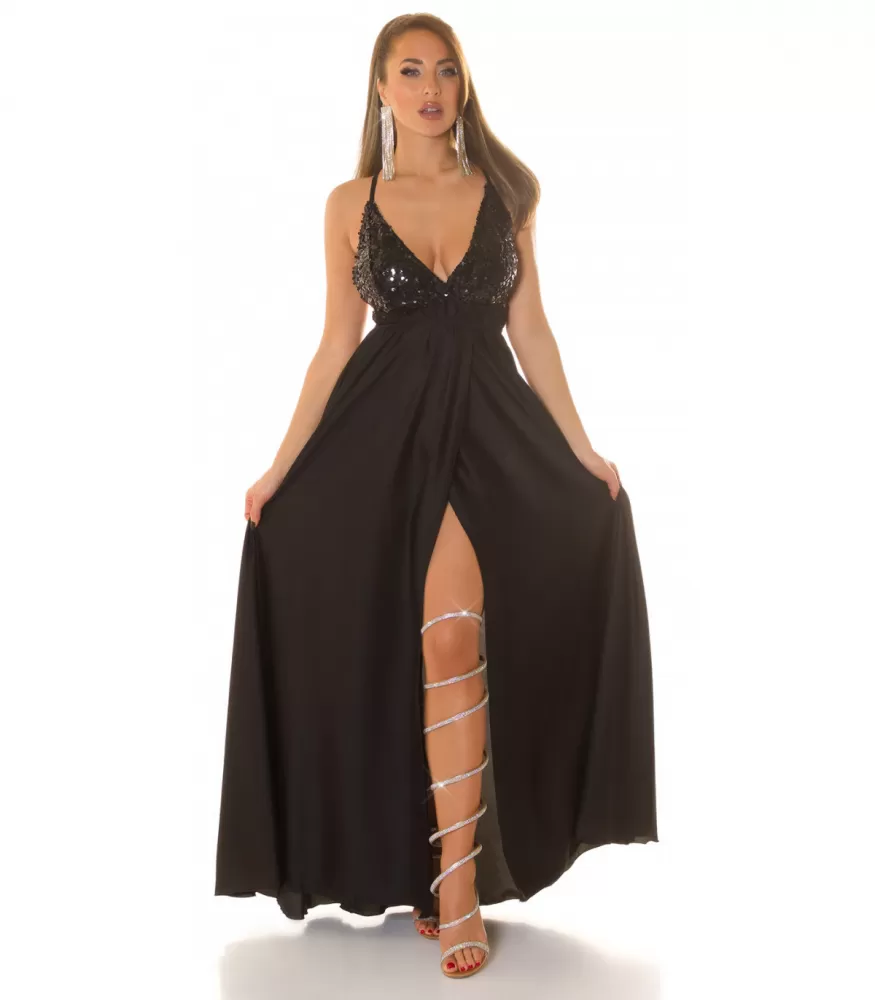 Koucla svart lång satin look v-party klänning med paljetter