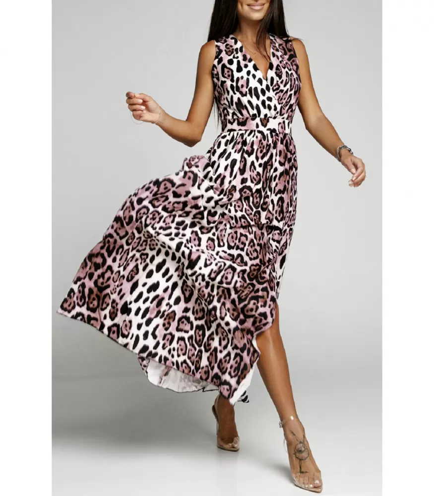 Leopard print v-maxi klänning med fluga