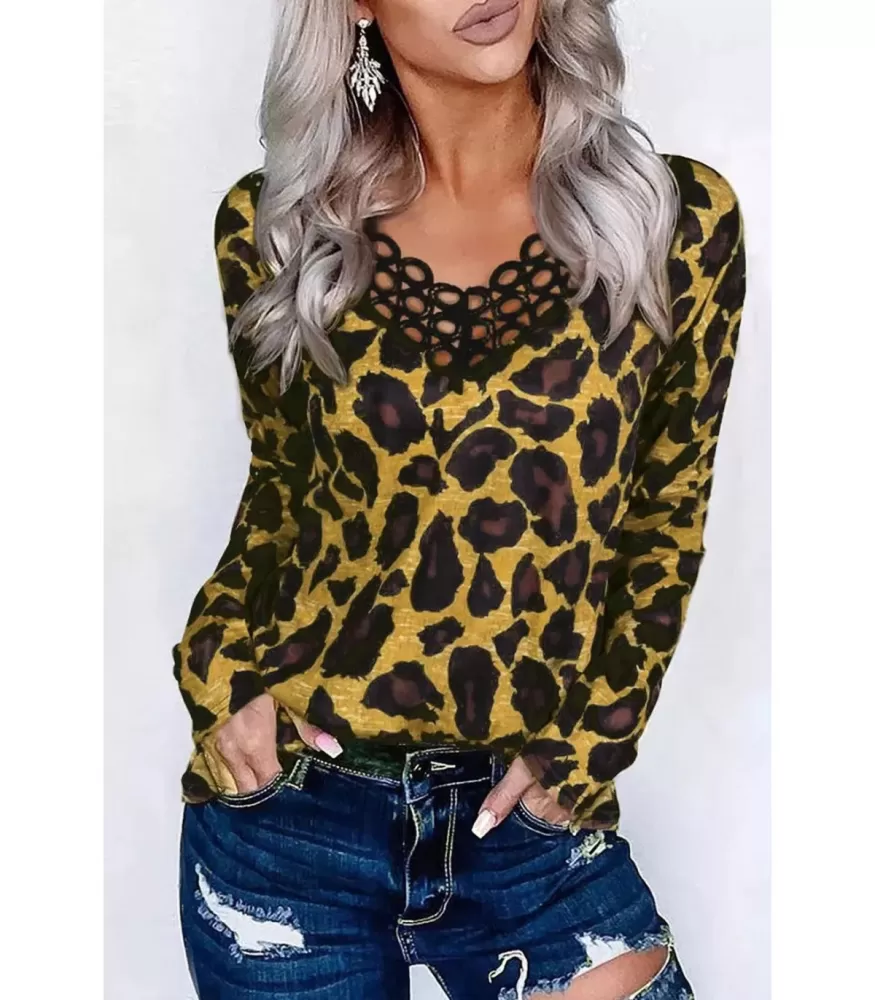 Leopardtryck långärmad skjorta med dekorativ krage