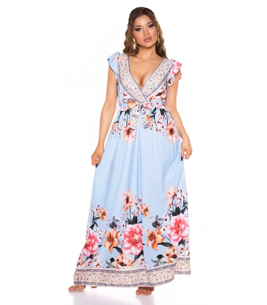 Ljusblå blommig mönster v-maxi klänning med bälte