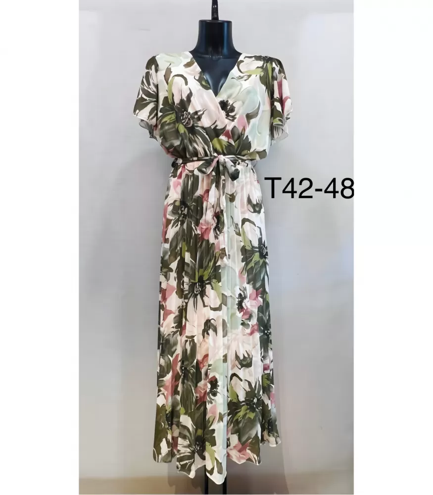 Mily khaki kukkakuvioinen v-maksimekko vyöllä (plus size)