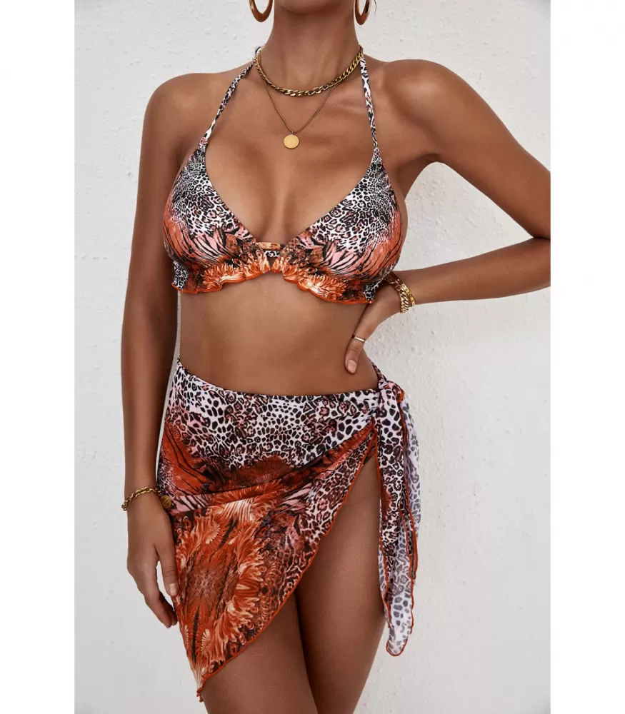 Orange leomönstrat bikiniset med sarong