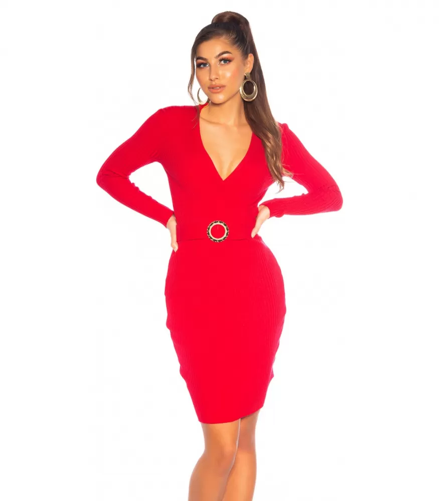Röd omlott-look v-stickad klänning med bälte