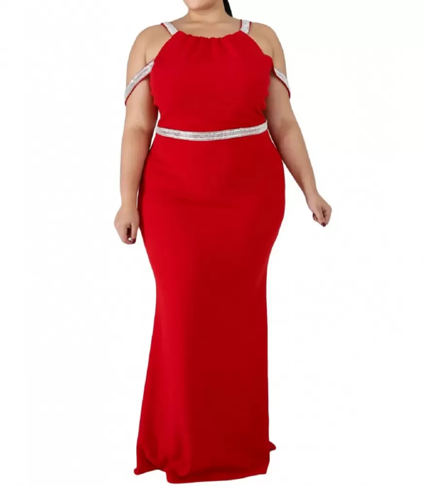 Röd strasband lång festklänning (plus storlek) [SISTA CHANSEN]