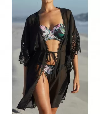 Kimono i svart mesh med dekorativt broderi