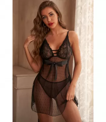 Svart spetsprydd babydoll med rosett [DISCOVERY]
