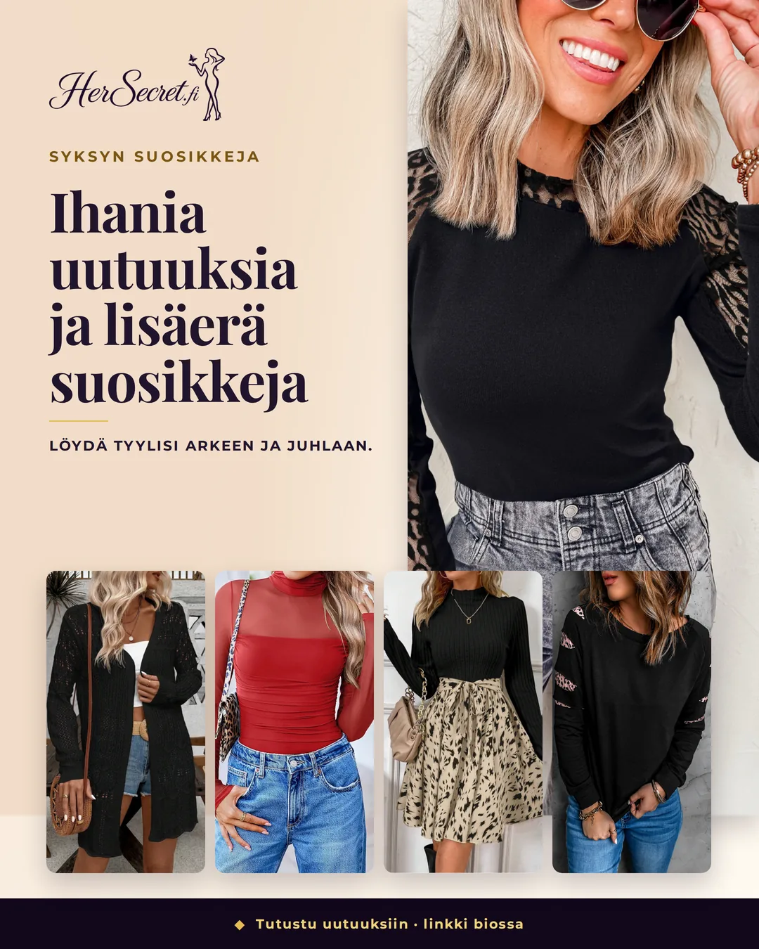 Collage med höstkläder: svart topp med leopardmönstrade meshärmar, lång svart virkad kofta, röd meshtopp, svart-khaki mönstrad klänning med skärp och svart topp med slitsade leopardärmar